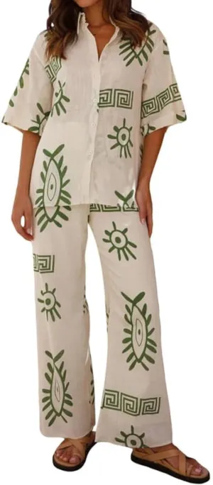 Women's Y2k Graffiti Printed 2 Piece Pajama Sets Short Sleeve Button Blouse Shirt Wide Leg Long Pants Loungewear