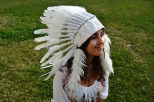 X10 White Feather Headdress ( short size) 23 inch head circumference