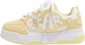 Y2K Graffiti Star Sneakers PU Leather Low Top for Women Cute Aesthetic Casual Streetwear Shoes Soft Sole Comfortable Trainers for School Travel Everyday Style