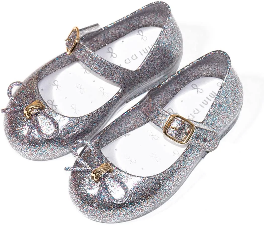 YIBLBOX Jelly Shoes for Girls Glitter Princess Flat Cosplay Mary Jane Sparkle Jelly Sandals with Bow