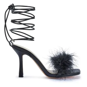 ZAYNAH20/B FAUX FUR FEATHER WRAP AROUND HEEL SANDAL