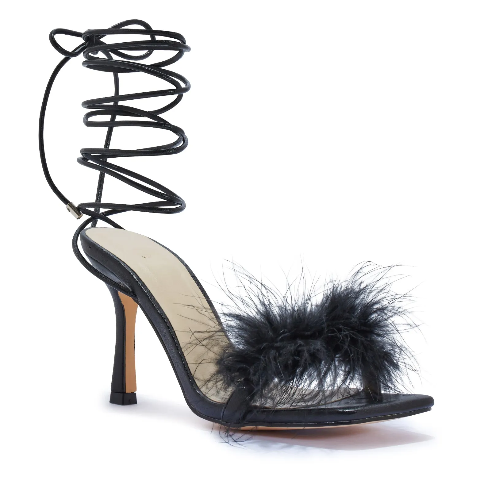 ZAYNAH20/B FAUX FUR FEATHER WRAP AROUND HEEL SANDAL