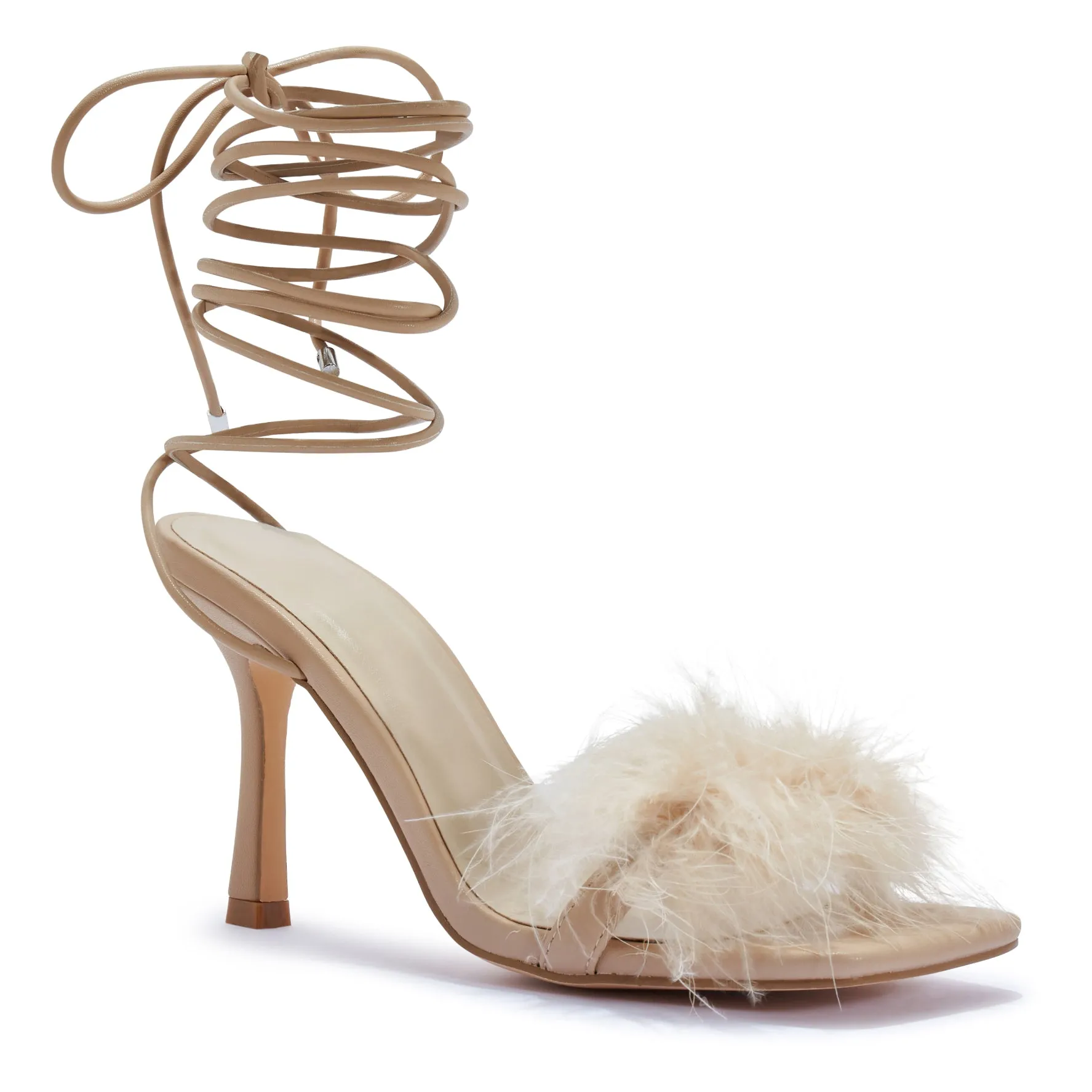 ZAYNAH20/B FAUX FUR FEATHER WRAP AROUND HEEL SANDAL