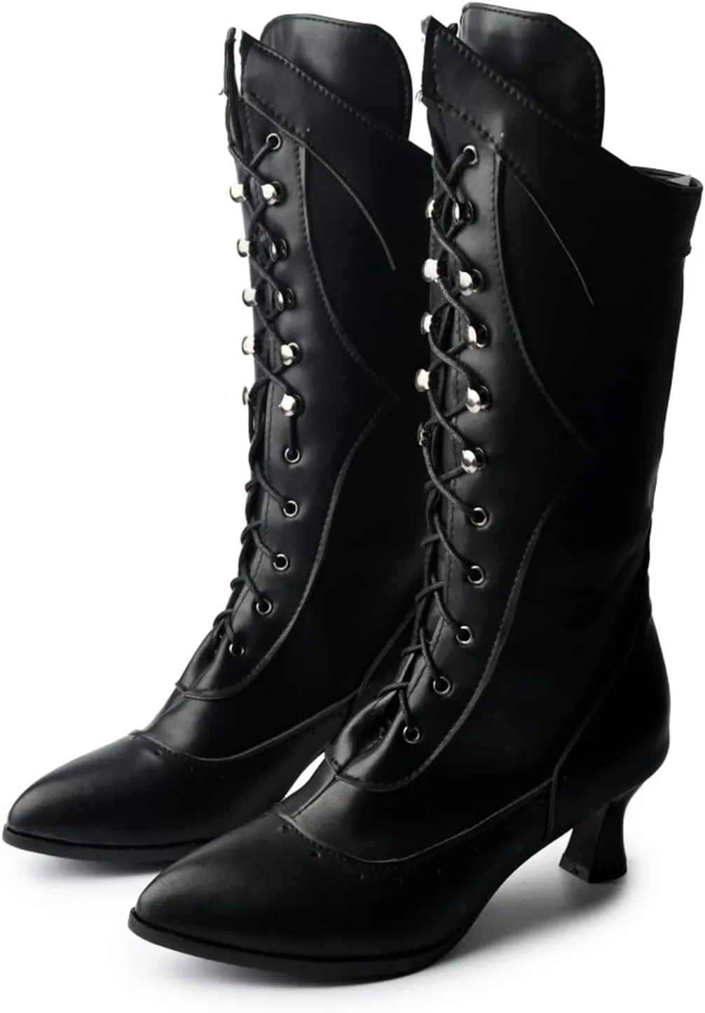 Zeberfi Women's Victorian Lace Up Mid Calf Booties Velvet Lining Fashion Comfortable Gothic Chunky Kitten Heel Witch Costume Boots