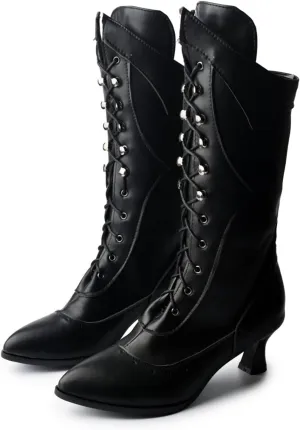 Zeberfi Women's Victorian Lace Up Mid Calf Booties Velvet Lining Fashion Comfortable Gothic Chunky Kitten Heel Witch Costume Boots