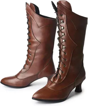 Zeberfi Women's Victorian Lace Up Mid Calf Booties Velvet Lining Fashion Comfortable Gothic Chunky Kitten Heel Witch Costume Boots