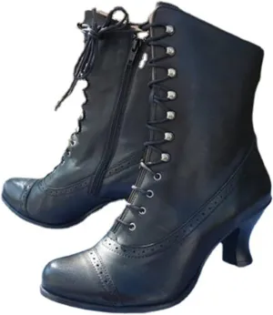 ZSpzx Victorian Boots,Women Vintage Victorian Boots 70s Lace Up Ankle Boots Mid Heel Halloween Cosplay Witch Granny Booties Cone Heel Zipper Almond Toe Costume Renaissance Shoes