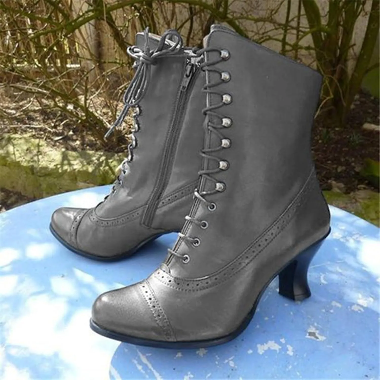 ZSpzx Victorian Boots,Women Vintage Victorian Boots 70s Lace Up Ankle Boots Mid Heel Halloween Cosplay Witch Granny Booties Cone Heel Zipper Almond Toe Costume Renaissance Shoes
