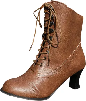ZSpzx Victorian Boots,Women Vintage Victorian Boots 70s Lace Up Ankle Boots Mid Heel Halloween Cosplay Witch Granny Booties Cone Heel Zipper Almond Toe Costume Renaissance Shoes