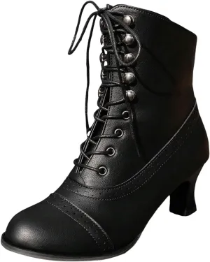 ZSpzx Victorian Boots,Women Vintage Victorian Boots 70s Lace Up Ankle Boots Mid Heel Halloween Cosplay Witch Granny Booties Cone Heel Zipper Almond Toe Costume Renaissance Shoes